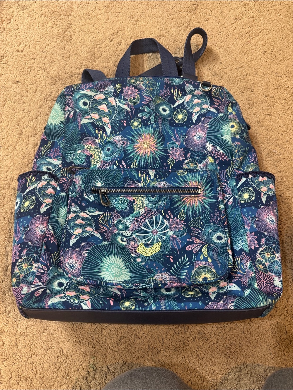 Sakroots Navy Floral Print Backpack with Teal & Pink Accents